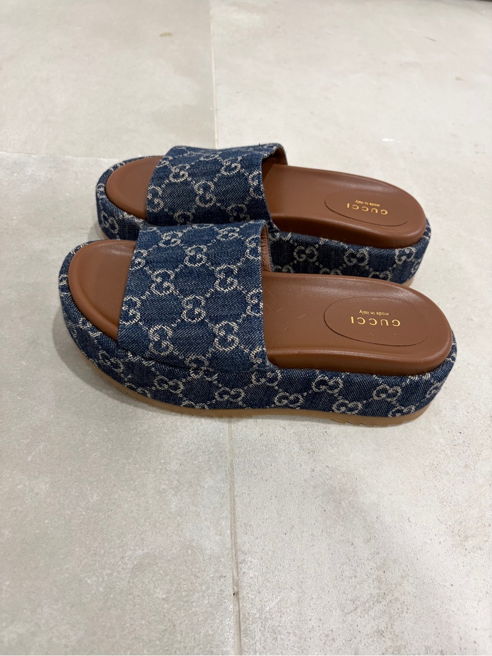 Gucci Blue Denim Monogram Platform Slide Sandals with Brown Footbed